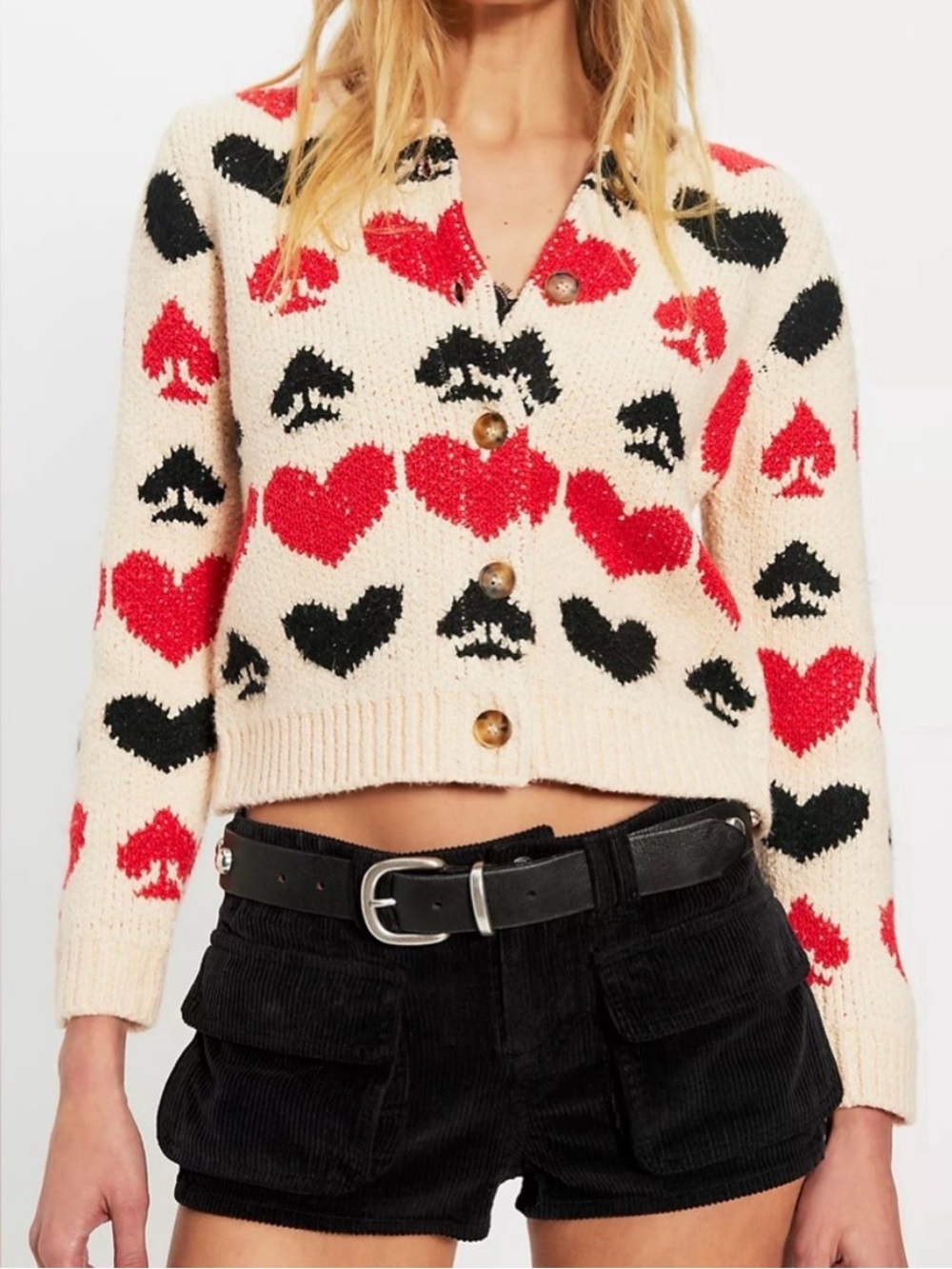 NWT Free People Queenie Cardi Sweater Hearts Spade